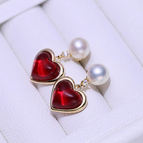 Red Heart Pearl Earrings - Gold Vermeil